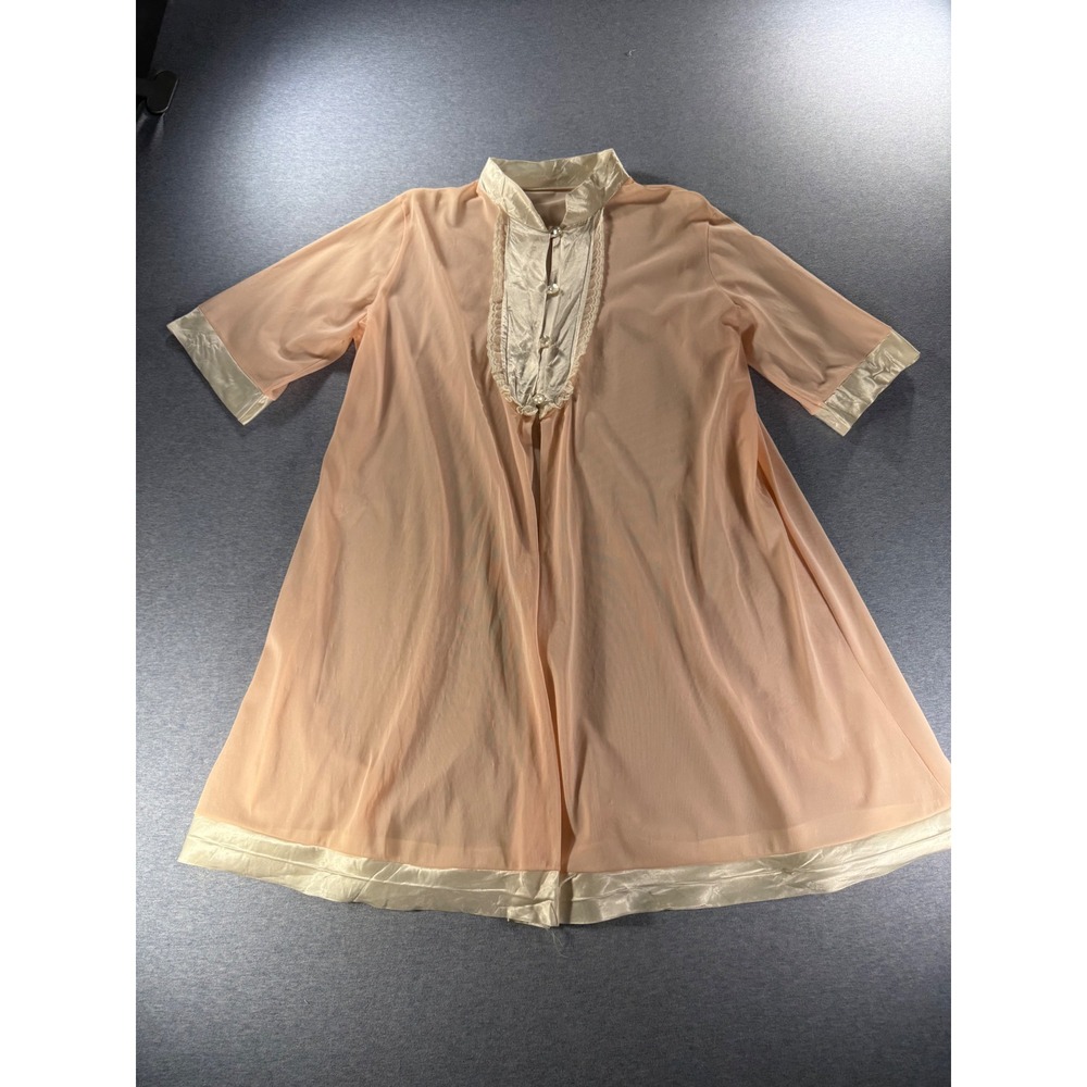 Vintage 60s 70s Peignoir Robe Sheer Peach Satin Lace Trim Short Sleeve Large